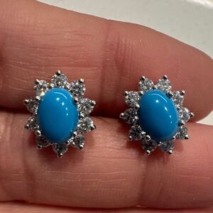 Turquoise Oval Halo Stud Earrings with Clear Accents - Women Jewelry